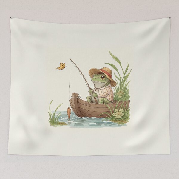 Item preview, Fishing Frog in a Straw Hat – Cottagecore Animal Illustration  designed and sold by Pasteltone.