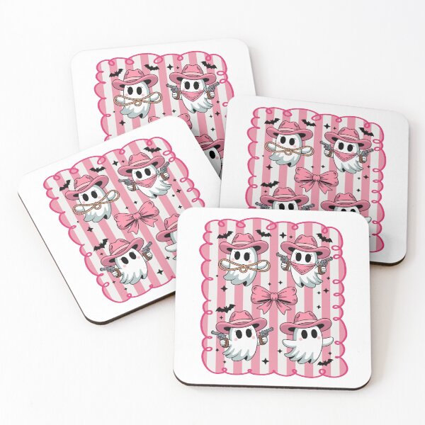 Item preview, Pink Cowgirl Ghosts with Guns and Hats on Striped Background Halloween Cute Spooky Western Art	 designed and sold by EidosEmporiium.