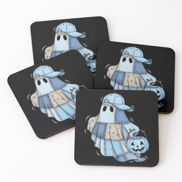 Item preview, Patchwork Ghost Boy with Hat and Pumpkin Bucket Cute Fall Blue Denim Halloween Spirit Design	 designed and sold by EidosEmporiium.