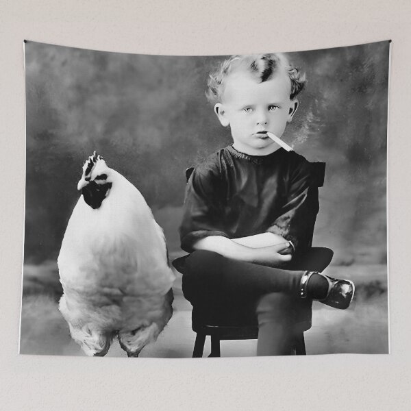 Item preview, Boy and Chicken, Funny Black and White Old Photo designed and sold by modernretro.