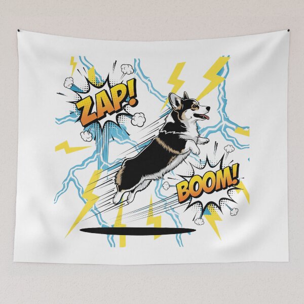 Item preview, Lightning Bolt Hero Corgi — Leaping Dog with Neon Lightning and Comic Explosions  designed and sold by zoughlal.