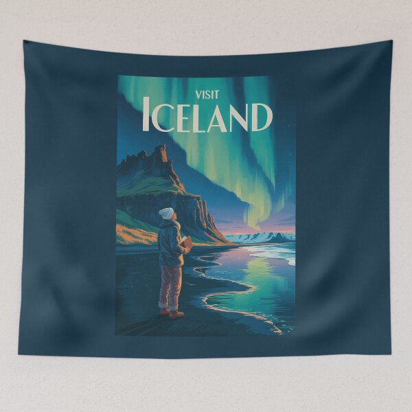 Item preview, Iceland Northern Lights Illustration Travel Art Vintage designed and sold by KrisSidDesigns.
