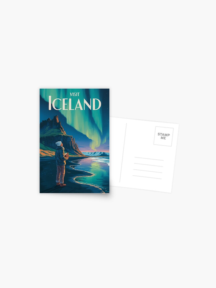 Iceland Northern Lights Illustration Travel Art Vintage