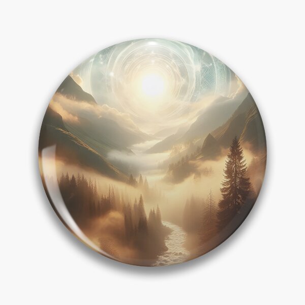 Item preview, Celestial sunrise over a misty, mountainous river valley designed and sold by The Cosmic Nexus.