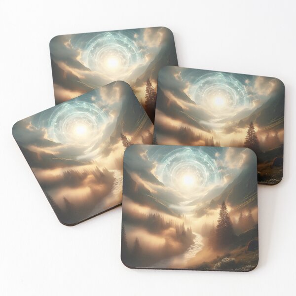 Item preview, Celestial sunrise over a misty, mountainous river valley designed and sold by The Cosmic Nexus.