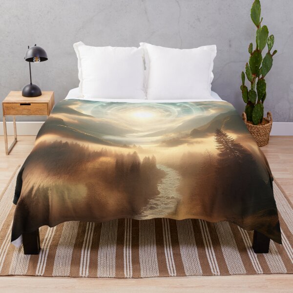 Item preview, Celestial sunrise over a misty, mountainous river valley designed and sold by The Cosmic Nexus.