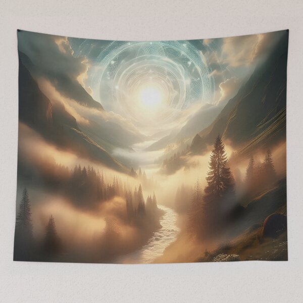Item preview, Celestial sunrise over a misty, mountainous river valley designed and sold by The Cosmic Nexus.