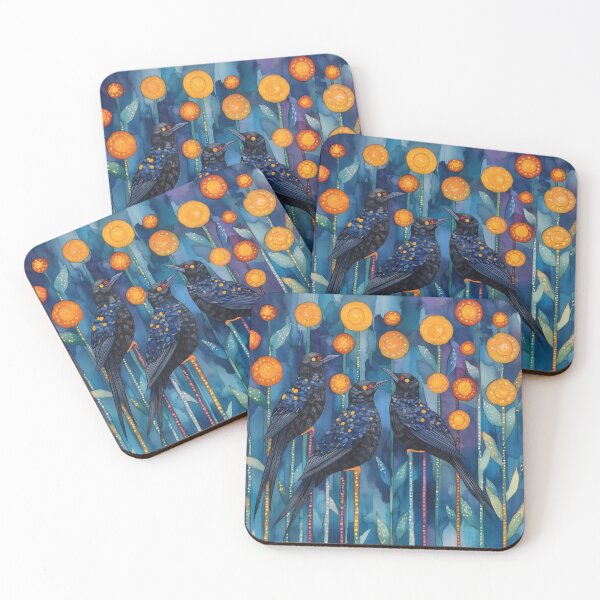 Item preview, Quirky Portrait of 3 Starlings in Long Grasses and Flowers designed and sold by dawnleblanc55.