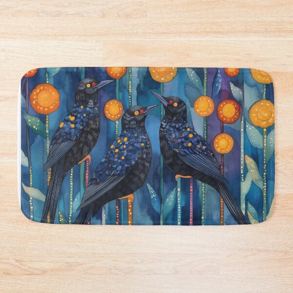 Item preview, Quirky Portrait of 3 Starlings in Long Grasses and Flowers designed and sold by dawnleblanc55.