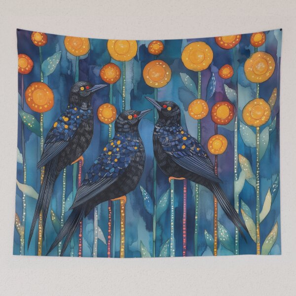 Item preview, Quirky Portrait of 3 Starlings in Long Grasses and Flowers designed and sold by dawnleblanc55.