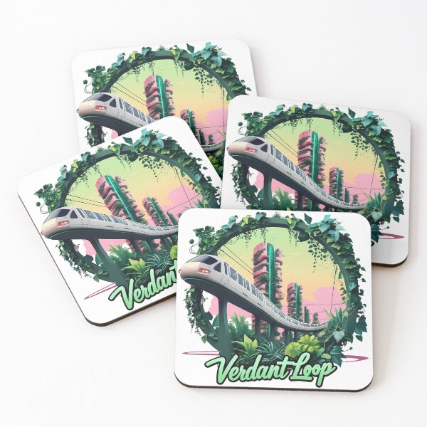 Item preview, Verdant Loop – Eco Monorail & Green City Sunset | Retro Futuristic Botanical Art designed and sold by LoliDesignShop.
