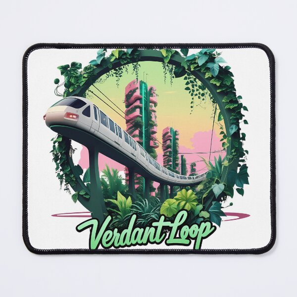 Item preview, Verdant Loop – Eco Monorail & Green City Sunset | Retro Futuristic Botanical Art designed and sold by LoliDesignShop.