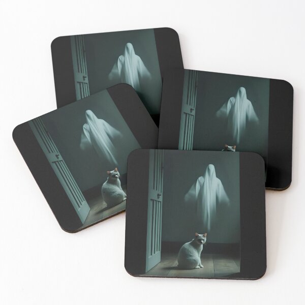 Item preview, White Cat sitting with a ghost keeping him company. designed and sold by Extintos.