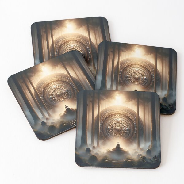 Item preview, A figure meditates in a divine, sunlit forest designed and sold by The Cosmic Nexus.