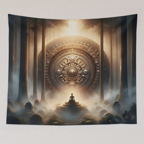 Item preview, A figure meditates in a divine, sunlit forest designed and sold by The Cosmic Nexus.