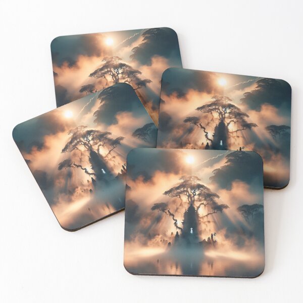 Item preview, Mystical sunrise over a misty temple lake designed and sold by The Cosmic Nexus.
