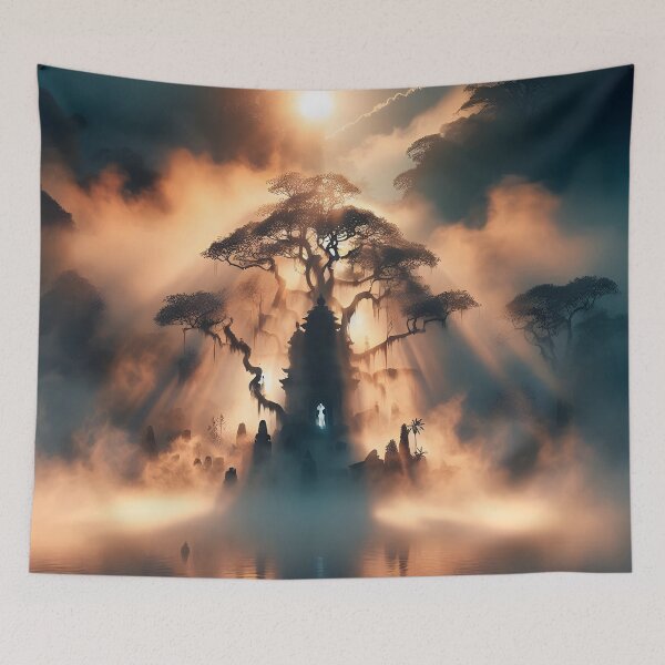 Item preview, Mystical sunrise over a misty temple lake designed and sold by The Cosmic Nexus.