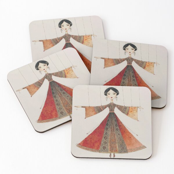 Artikelvorschau, Elegante indische Marionette in verziertem rot-goldenem Kleid in Feder und Tinte und Aquarell entworfen und verkauft von dawnleblanc55.