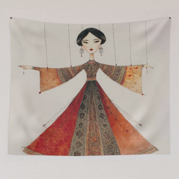 Aperçu de l'œuvre Marionnette indienne élégante en robe rouge et or ornée à la plume, à l'encre et à l'aquarelle créée et vendue par dawnleblanc55.