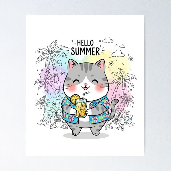 Item preview, Hello Summer | Cute Cat in Hawaiian Shirt with Lemon Drink – Beach Vacation T-Shirt Design designed and sold by Teecha45.