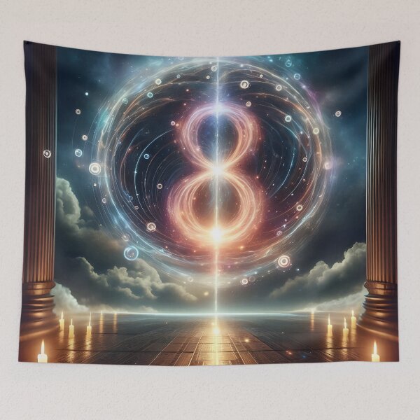 Item preview, Cosmic infinity symbol between pillars over a tiled floor designed and sold by The Cosmic Nexus.