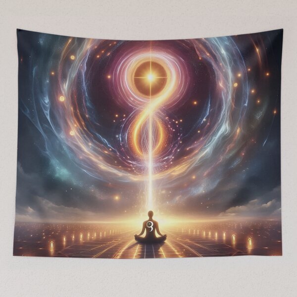 Item preview, A person meditates, channeling a cosmic infinity symbol. designed and sold by The Cosmic Nexus.