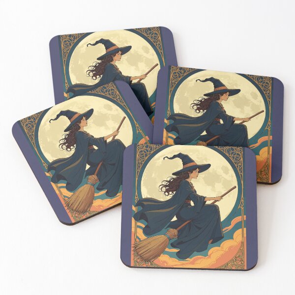 Item preview, Young Witch Sat Astride A Besom Art Nouveau Style Illustration designed and sold by taiche.