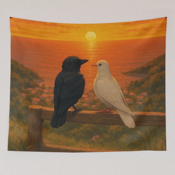 Item preview, Romantic pair of birds at sunset, loving art motif with heart, perfect for posters, cards & gifts designed and sold by Mauswohn.