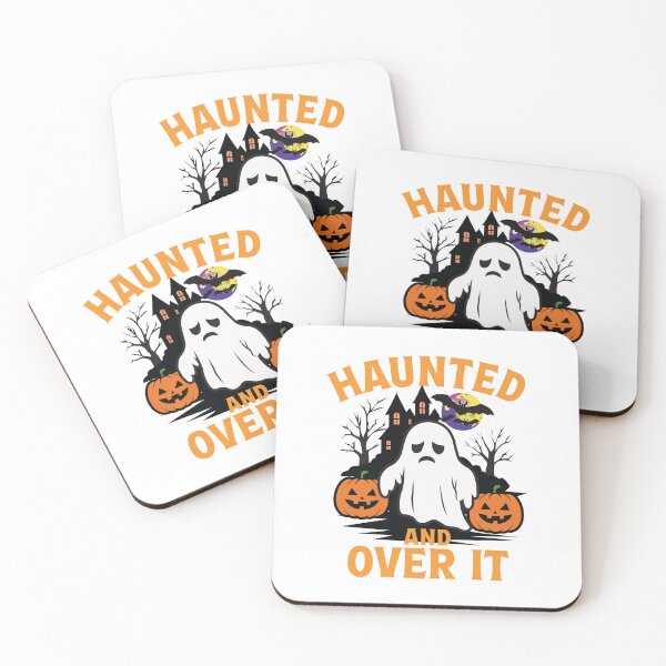 Item preview, Haunted and Over It T-Shirt A sad, tired-looking ghost stands between two carved pumpkins with a spooky haunted house and a moonlit sky designed and sold by Koony House and Field.