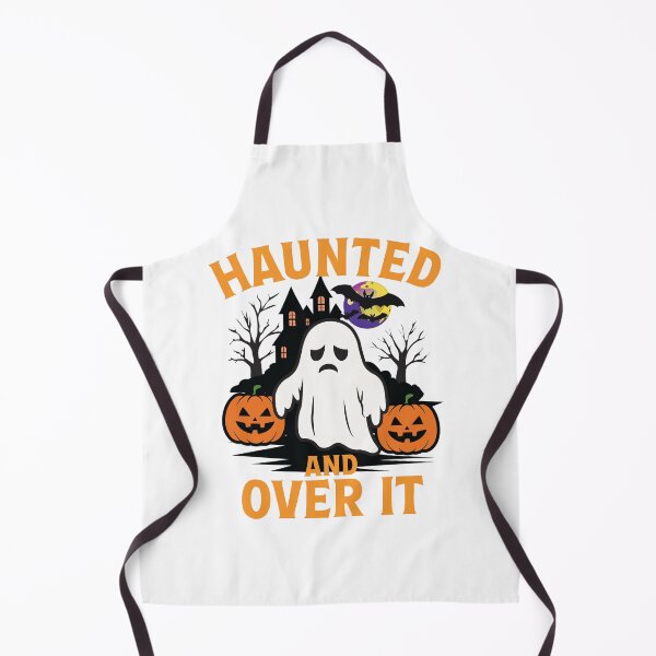 Item preview, Haunted and Over It T-Shirt A sad, tired-looking ghost stands between two carved pumpkins with a spooky haunted house and a moonlit sky designed and sold by Koony House and Field.