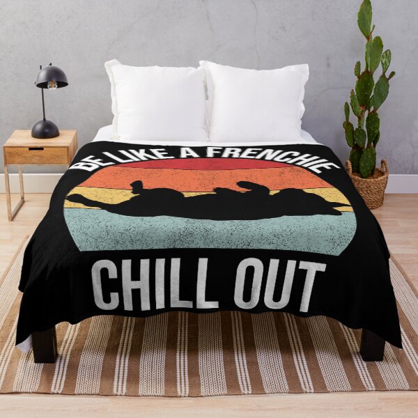 Item preview, frenchie chill out black silhouette retro sunset white text designed and sold by FrenchieStyle25.