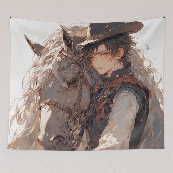 Item preview, “Silent Cowboy & White Horse – Emotional Anime Western Portrait” by NegarTv Designs designed and sold by NegarTv Designs.