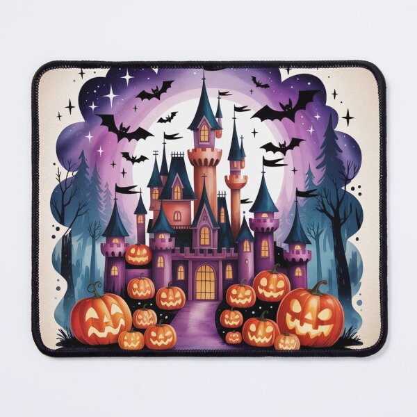 Item preview, Cute Halloween Castle and Pumpkins : Whimsical Spooky Castle Night : Pink and Purple Halloween Palace : Magical Halloween Night Scene designed and sold by MinimalArtTees.