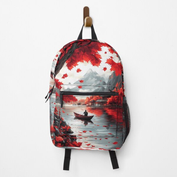 Item preview, Japanese Landscape Serene Autumn Boat Ride Past Red Maple Leaves And Fuji Mountain designed and sold by CarlosBender.
