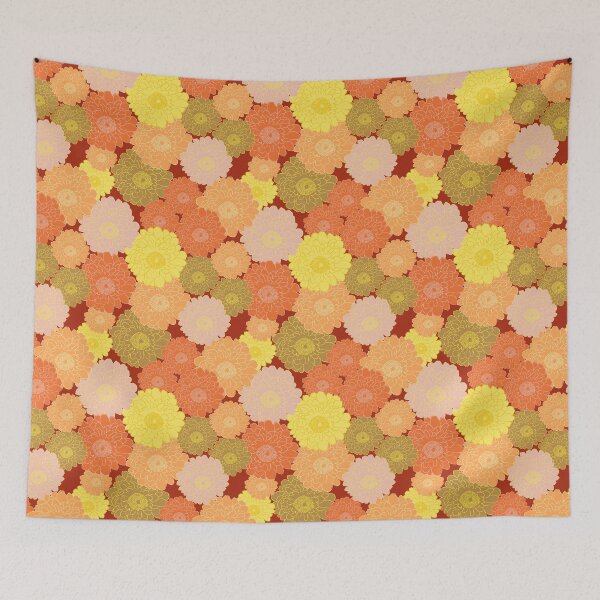 Item preview, Bold vibrant retro vintage vibe large florals on dark red background  designed and sold by PrettywithColor.
