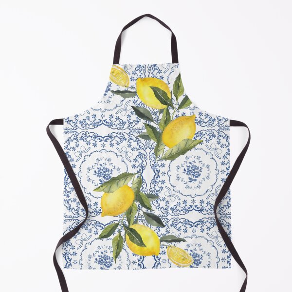 Item preview, Limones de acuarela sobre un patrón de azulejos mediterráneos azules designed and sold by Catiess.