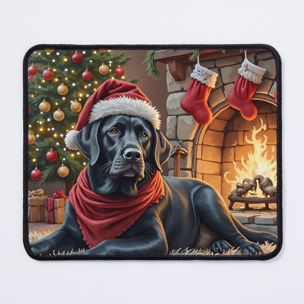Item preview, Black Labrador at Christmas in Santa Hat and Scarf by Fire designed and sold by acceleratorhams.