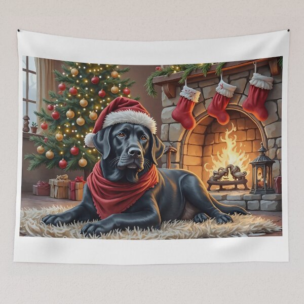 Item preview, Black Labrador at Christmas in Santa Hat and Scarf by Fire designed and sold by acceleratorhams.
