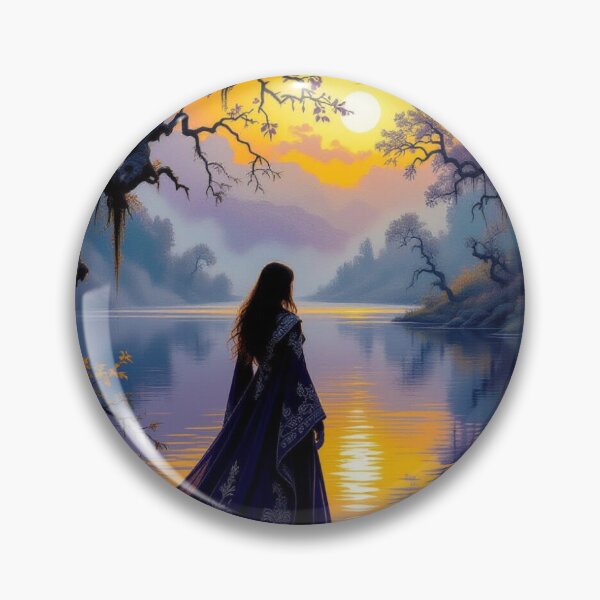 Item preview, Mystic Sunset Riverwalk – Woman in a blue coat between nature vibes and dreamy twilight designed and sold by FotoworldEdel.