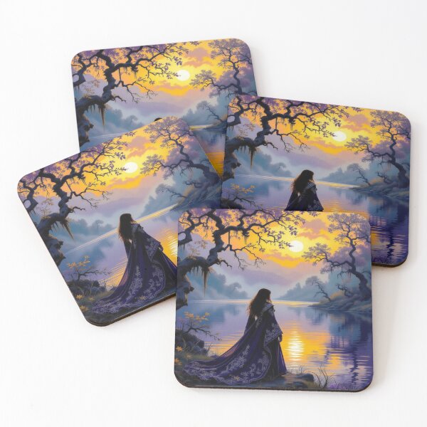 Item preview, Mystic Sunset Riverwalk – Woman in a blue coat between nature vibes and dreamy twilight designed and sold by FotoworldEdel.