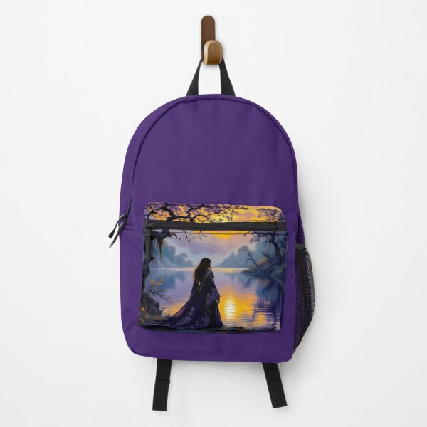Item preview, Mystic Sunset Riverwalk – Woman in a blue coat between nature vibes and dreamy twilight designed and sold by FotoworldEdel.