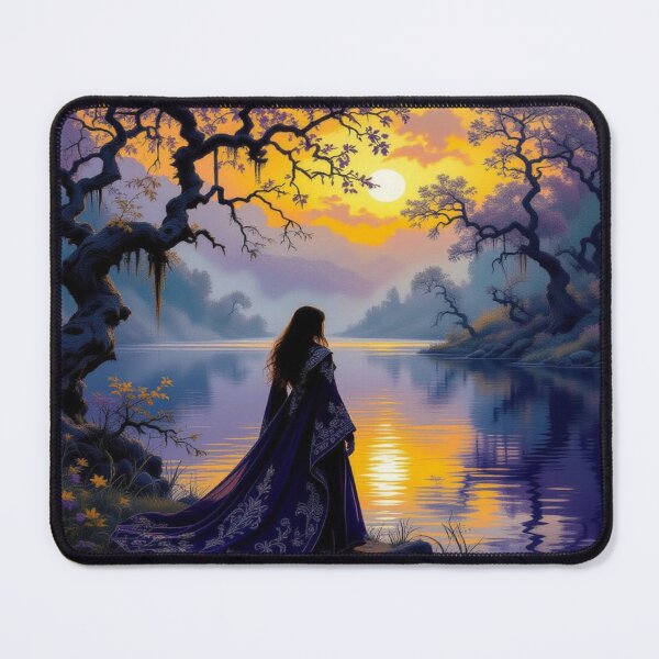 Item preview, Mystic Sunset Riverwalk – Woman in a blue coat between nature vibes and dreamy twilight designed and sold by FotoworldEdel.