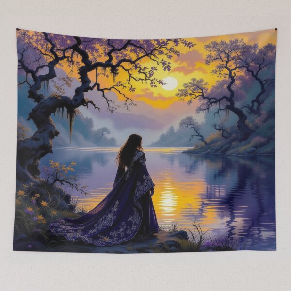 Item preview, Mystic Sunset Riverwalk – Woman in a blue coat between nature vibes and dreamy twilight designed and sold by FotoworldEdel.