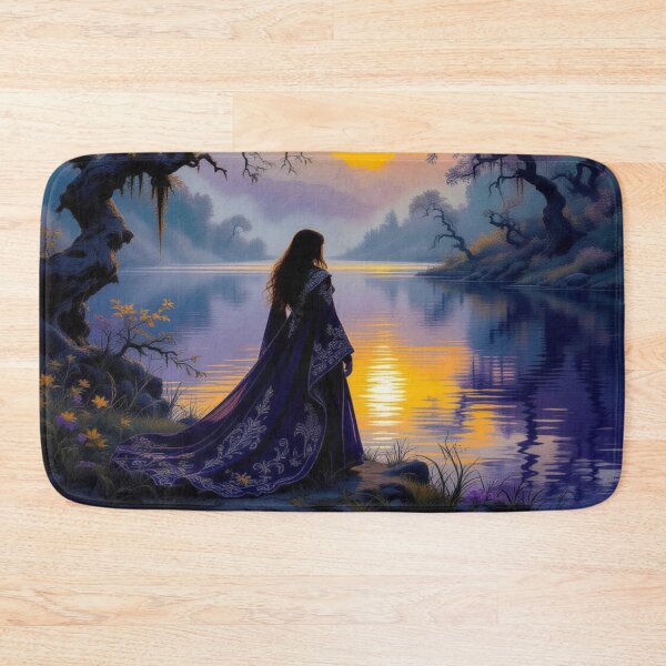 Item preview, Mystic Sunset Riverwalk – Woman in a blue coat between nature vibes and dreamy twilight designed and sold by FotoworldEdel.