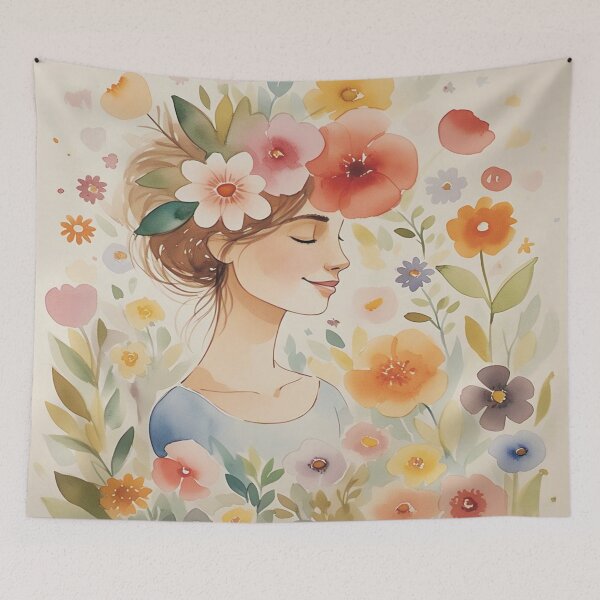 Artikelvorschau, Wunderliches Blumenmädchen – Sanfte Aquarell-Frühlingsillustration entworfen und verkauft von A2JRetro.