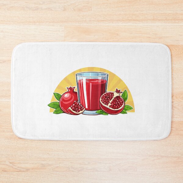 Item preview, A glass of vibrant pomegranate juice alongside a halved fruit, Refreshing pomegranate juice with slices and seeds arranged beautifully around it, (Punica granatum) designed and sold by Danler.