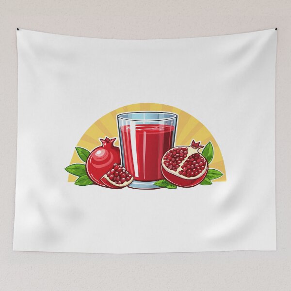 Item preview, A glass of vibrant pomegranate juice alongside a halved fruit, Refreshing pomegranate juice with slices and seeds arranged beautifully around it, (Punica granatum) designed and sold by Danler.