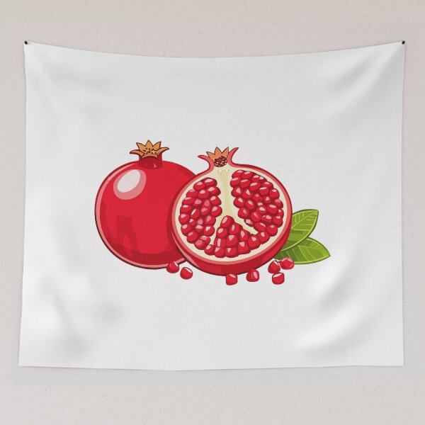 Item preview, A whole and halved ripe pomegranate with seeds scattered nearby, Pomegranate fruit with red seeds and cross section vector illustration of fresh ripe pomegranate halves, (Punica granatum) designed and sold by Danler.