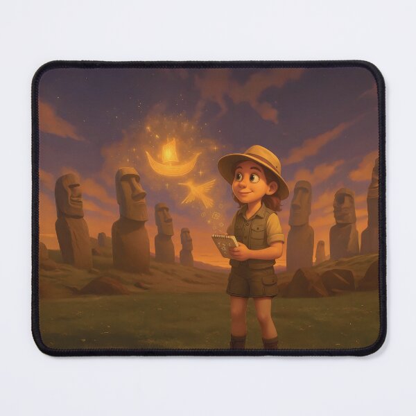 Item preview, Cute Cartoon Explorer on Easter Island – Alien Ships Fantasy Art designed and sold by designs_by_s2.