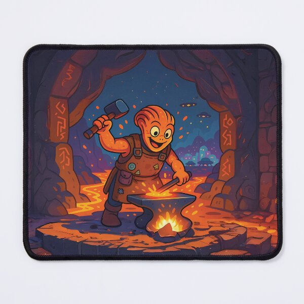 Item preview, Cheerful Alien Blacksmith – Cartoon Lava Forge Scene designed and sold by designs_by_s2.